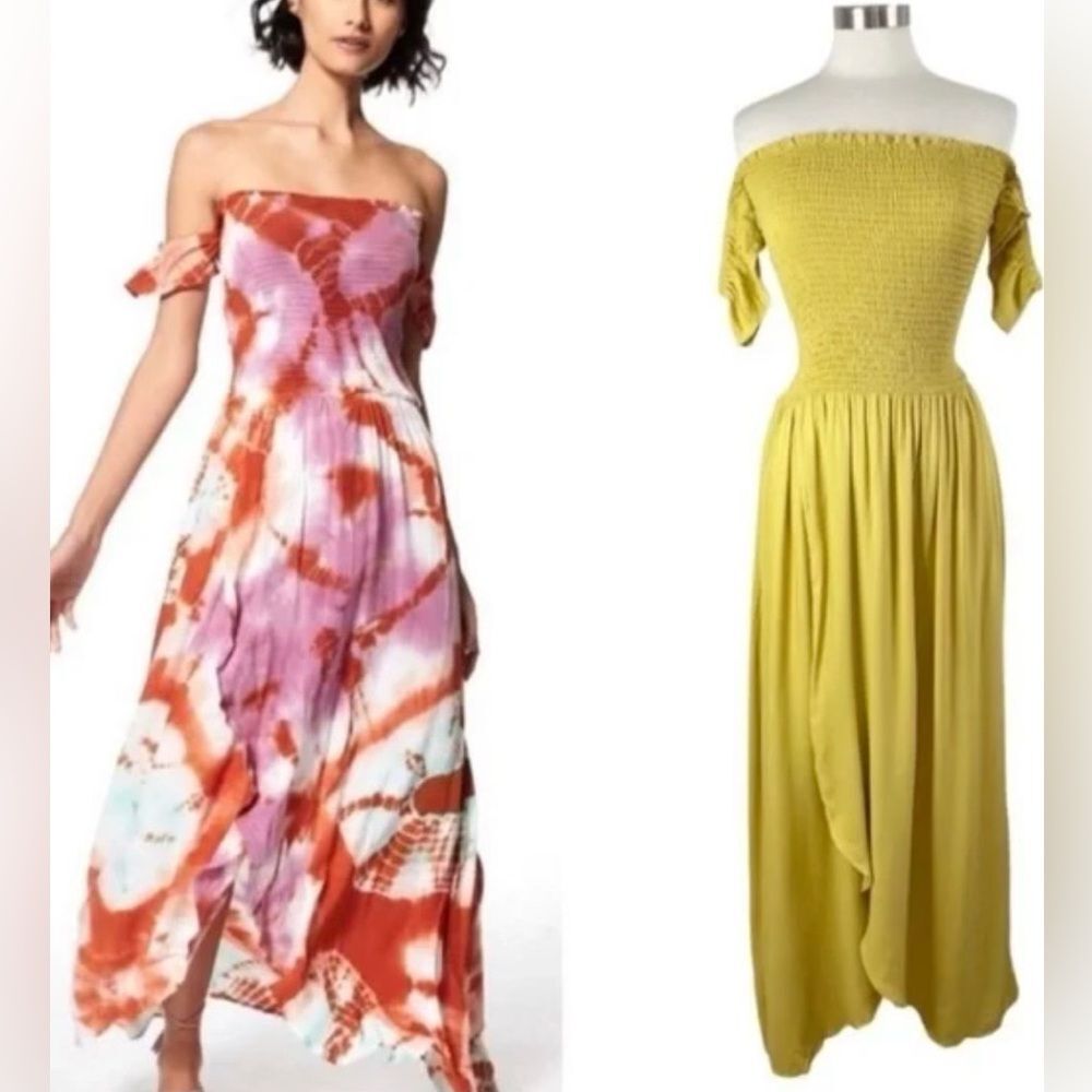 Young Fabulous & Broke Frida Smocked Yellow Faux wrap Maxi Dress size Small